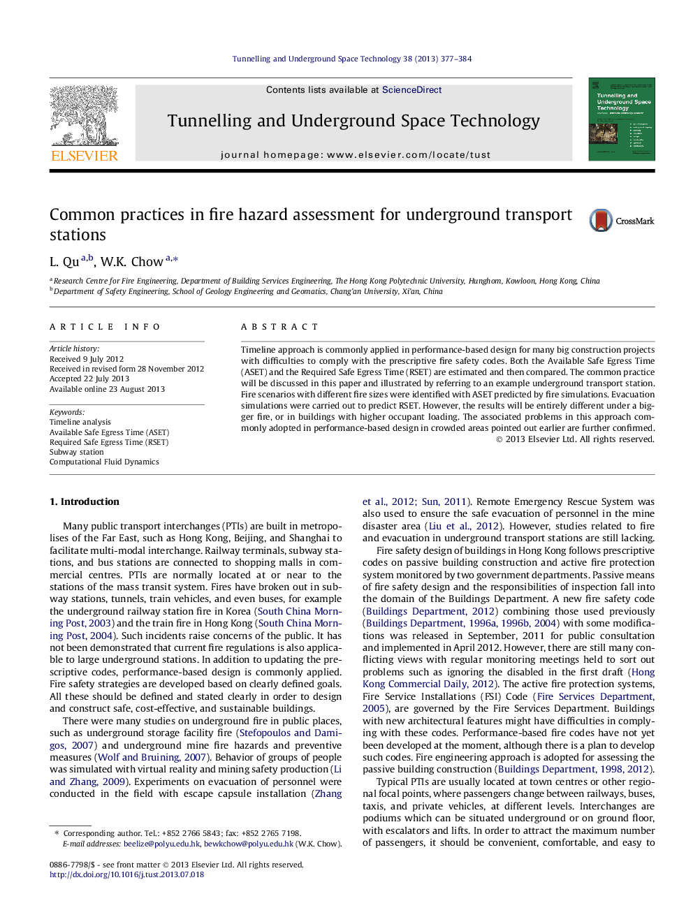 Common practices in fire hazard assessment for underground transport stations