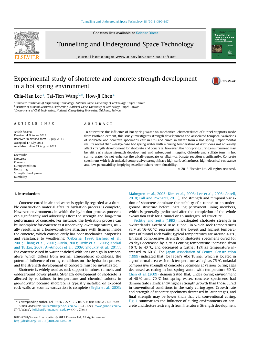 Experimental study of shotcrete and concrete strength development in a hot spring environment