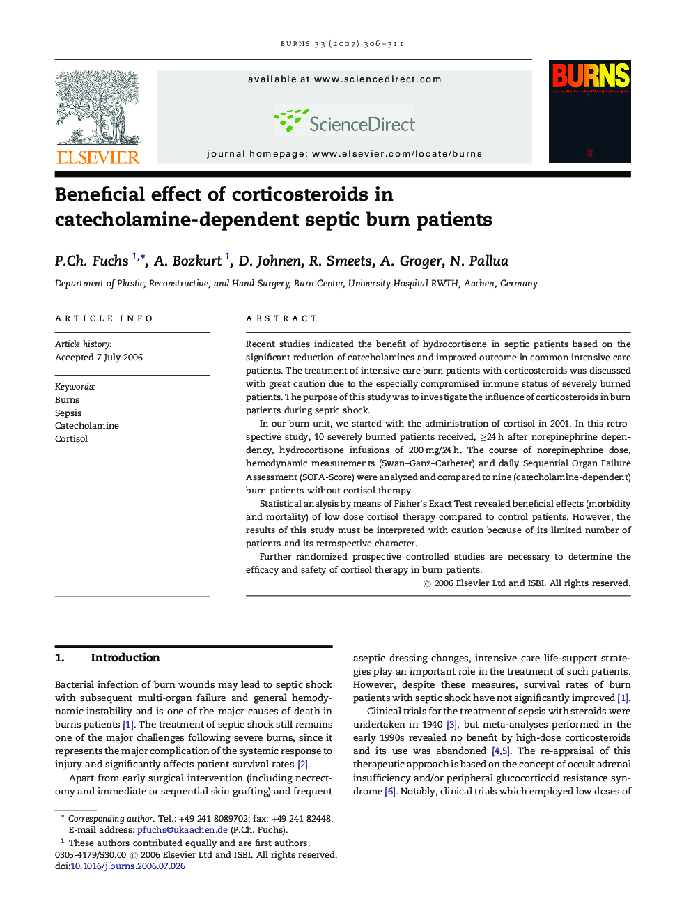 Beneficial effect of corticosteroids in catecholamine-dependent septic burn patients