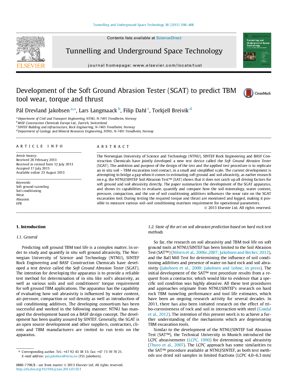 عکس صفحه اول مقاله: Development of the Soft Ground Abrasion Tester (SGAT) to predict TBM tool wear, torque and thrust Development of the Soft Ground Abrasion Tester (SGAT) to predict TBM tool wear, torque and thrust