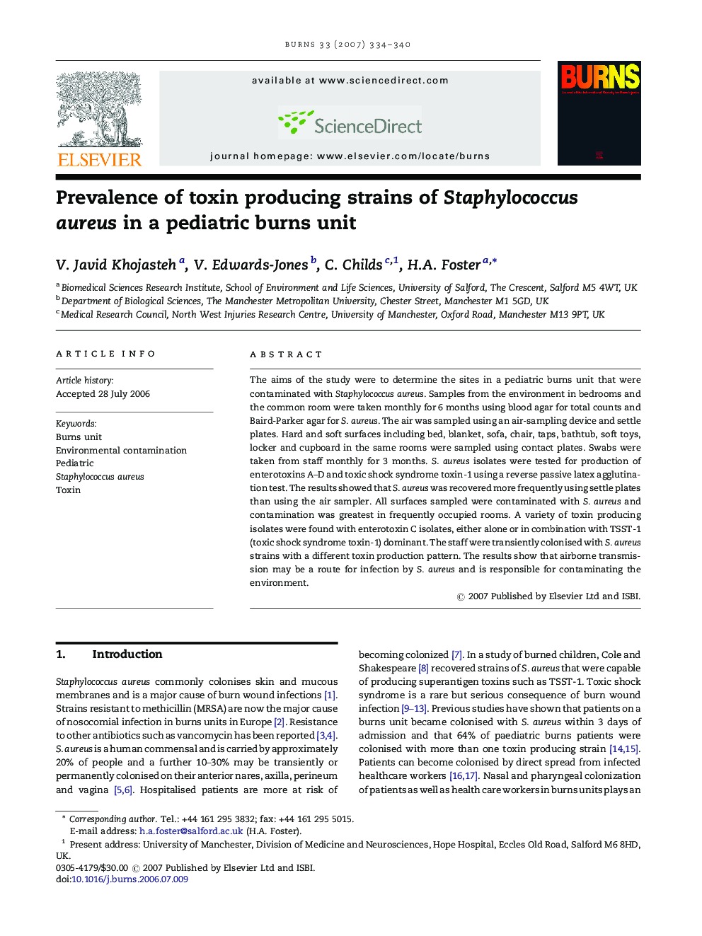 Prevalence of toxin producing strains of Staphylococcus aureus in a pediatric burns unit