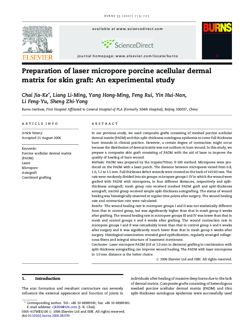 Preparation of laser micropore porcine acellular dermal matrix for skin graft: An experimental study