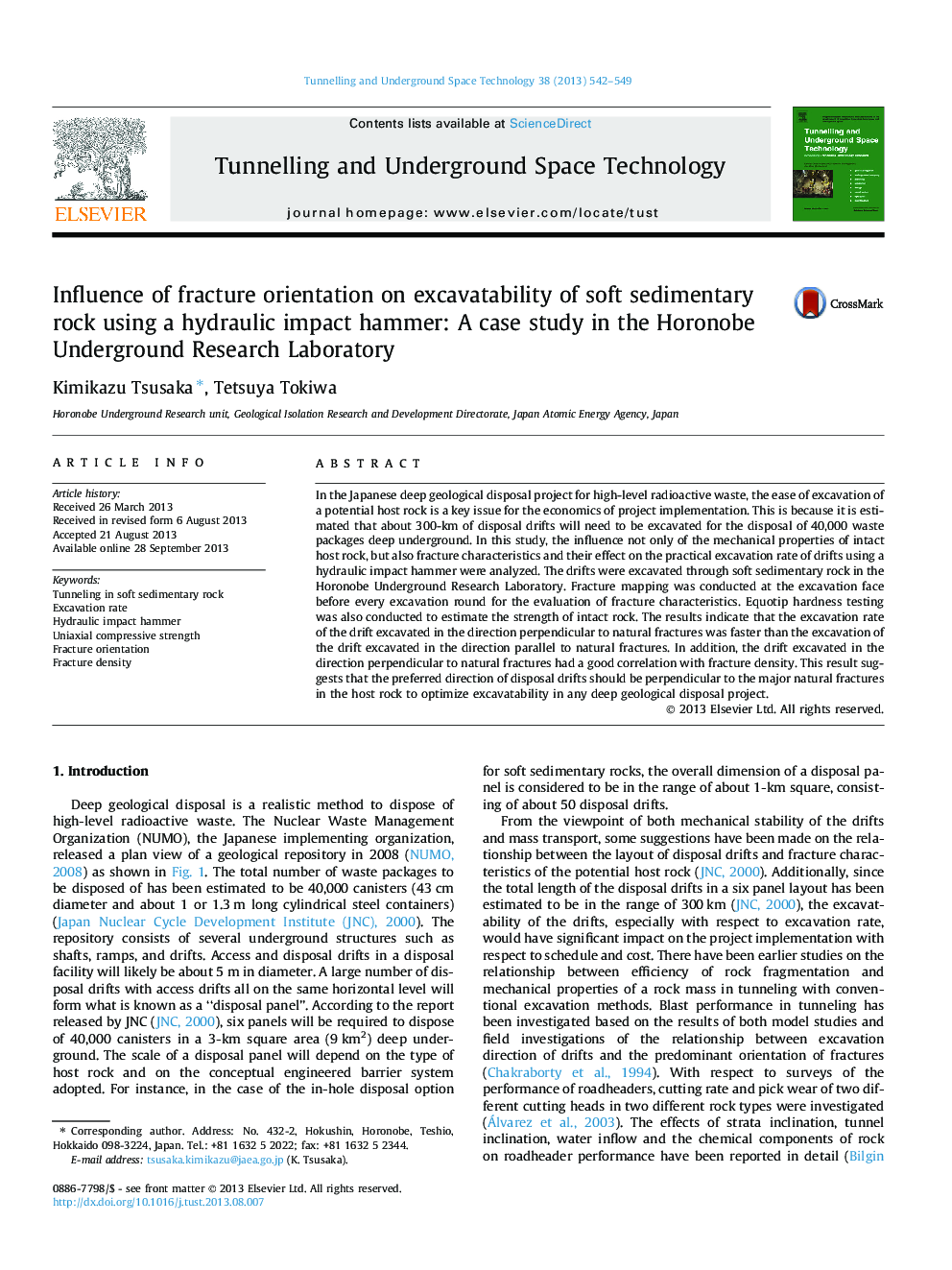 Influence of fracture orientation on excavatability of soft sedimentary rock using a hydraulic impact hammer: A case study in the Horonobe Underground Research Laboratory