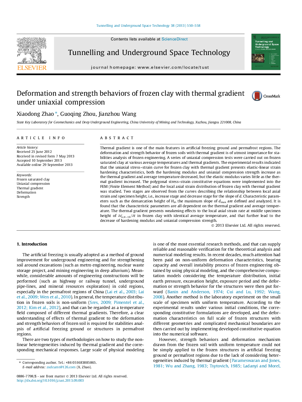 Deformation and strength behaviors of frozen clay with thermal gradient under uniaxial compression