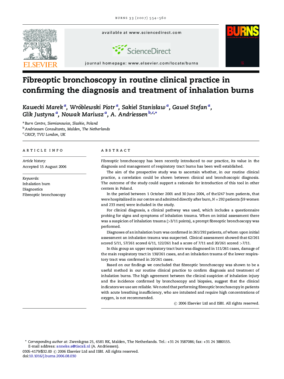 Fibreoptic bronchoscopy in routine clinical practice in confirming the diagnosis and treatment of inhalation burns