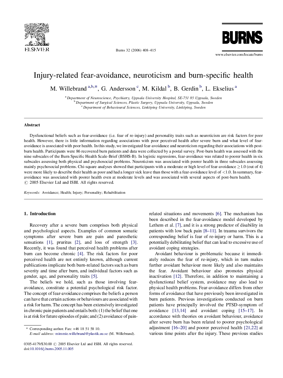 Injury-related fear-avoidance, neuroticism and burn-specific health