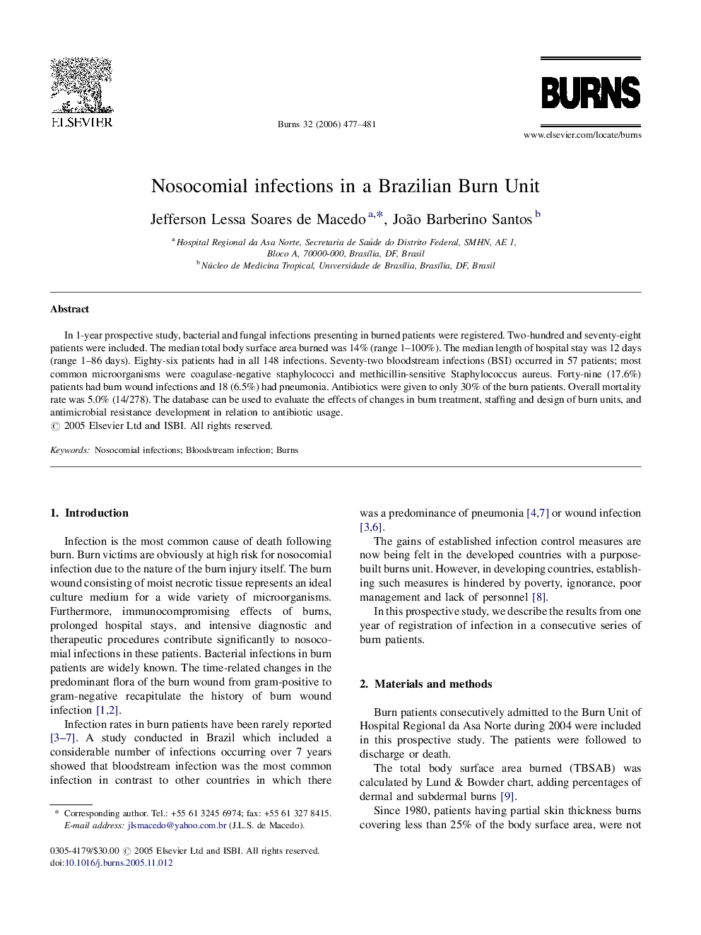 Nosocomial infections in a Brazilian Burn Unit