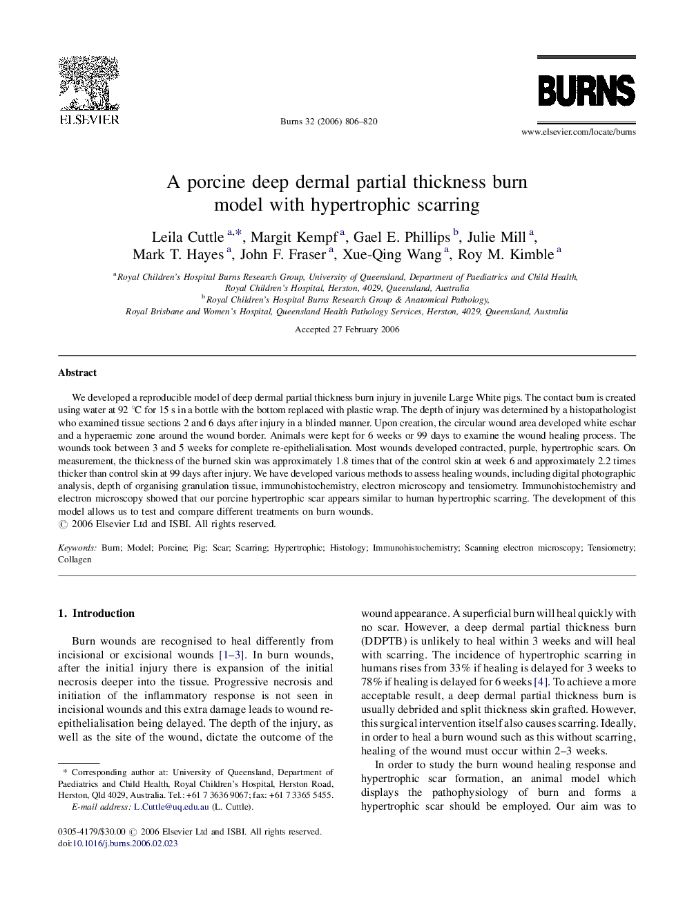 A porcine deep dermal partial thickness burn model with hypertrophic scarring