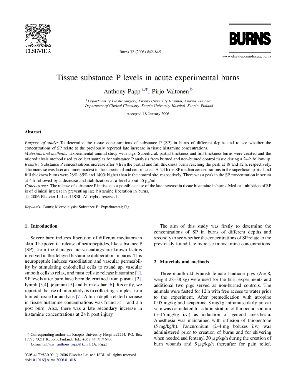 Tissue substance P levels in acute experimental burns