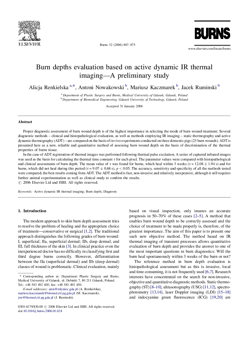 Burn depths evaluation based on active dynamic IR thermal imaging—A preliminary study