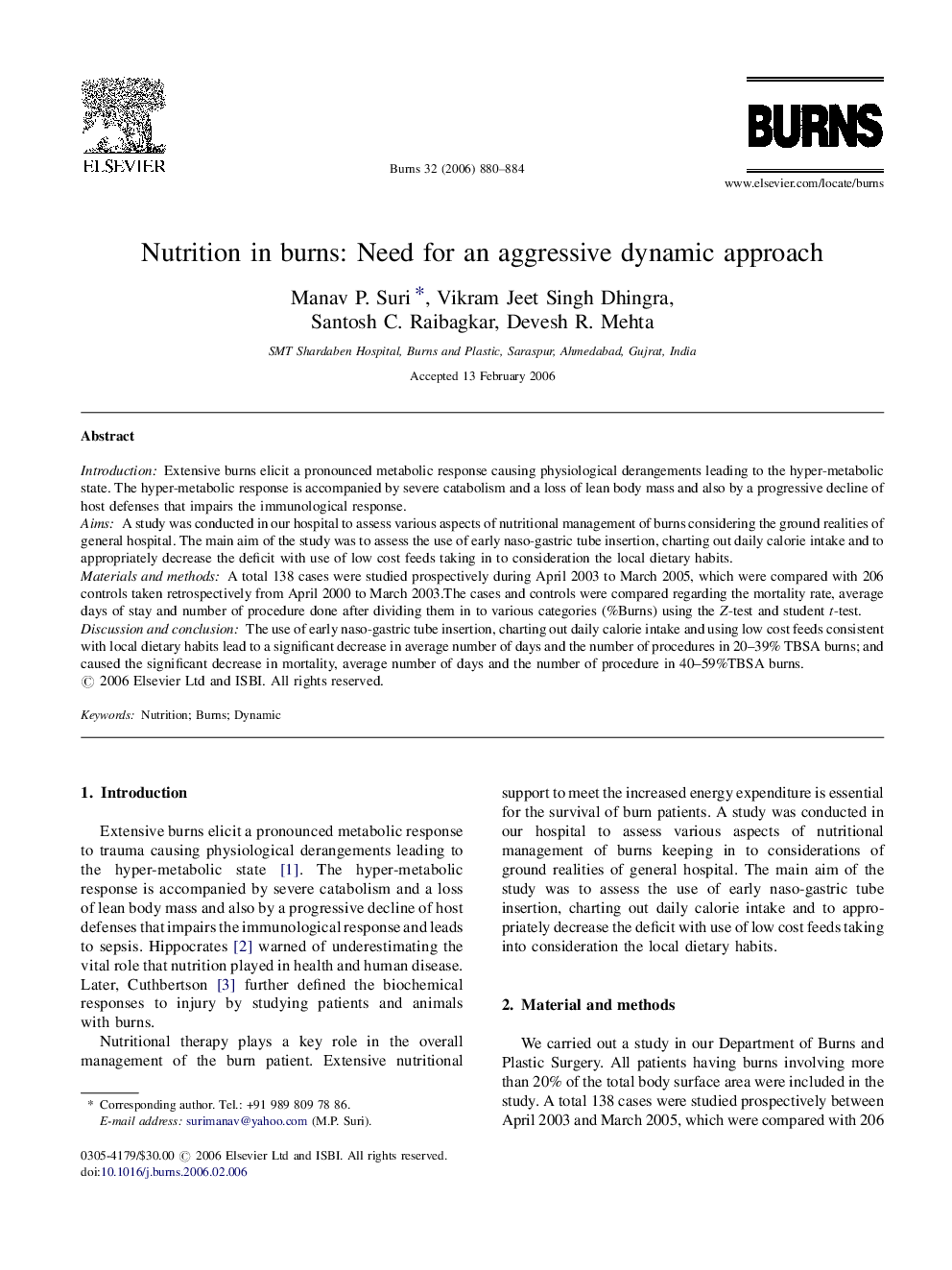 Nutrition in burns: Need for an aggressive dynamic approach