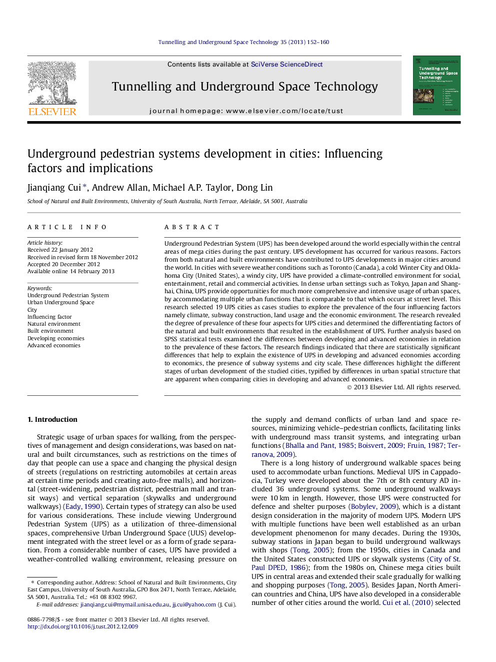 عکس صفحه اول مقاله: Underground pedestrian systems development in cities: Influencing factors and implications Underground pedestrian systems development in cities: Influencing factors and implications
