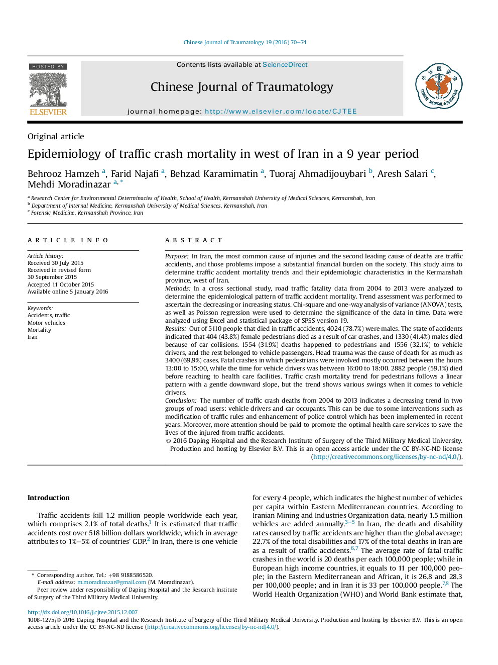 Epidemiology of traffic crash mortality in west of Iran in a 9 year period 