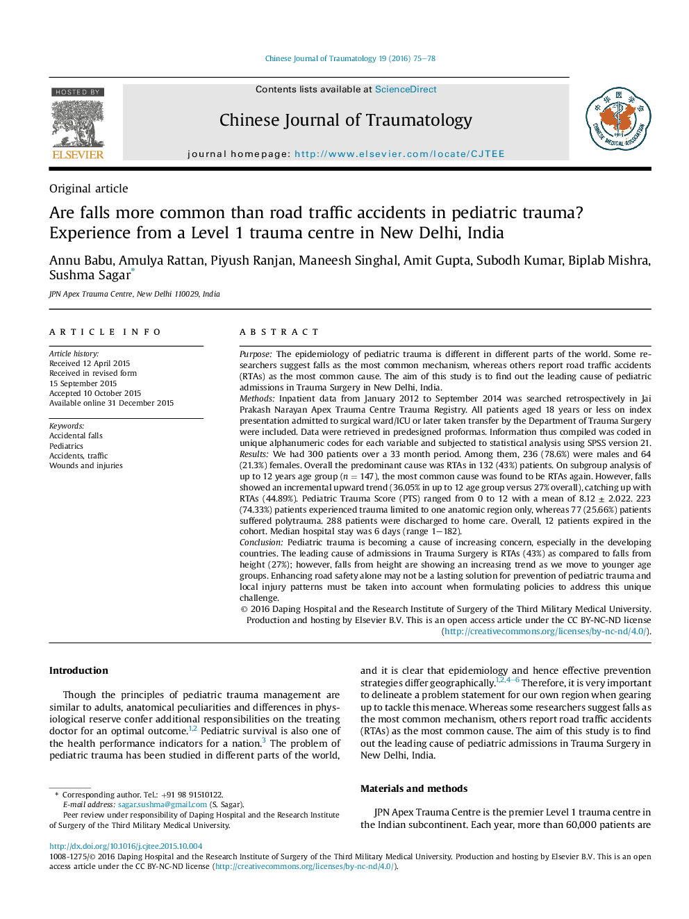 Are falls more common than road traffic accidents in pediatric trauma? Experience from a Level 1 trauma centre in New Delhi, India 