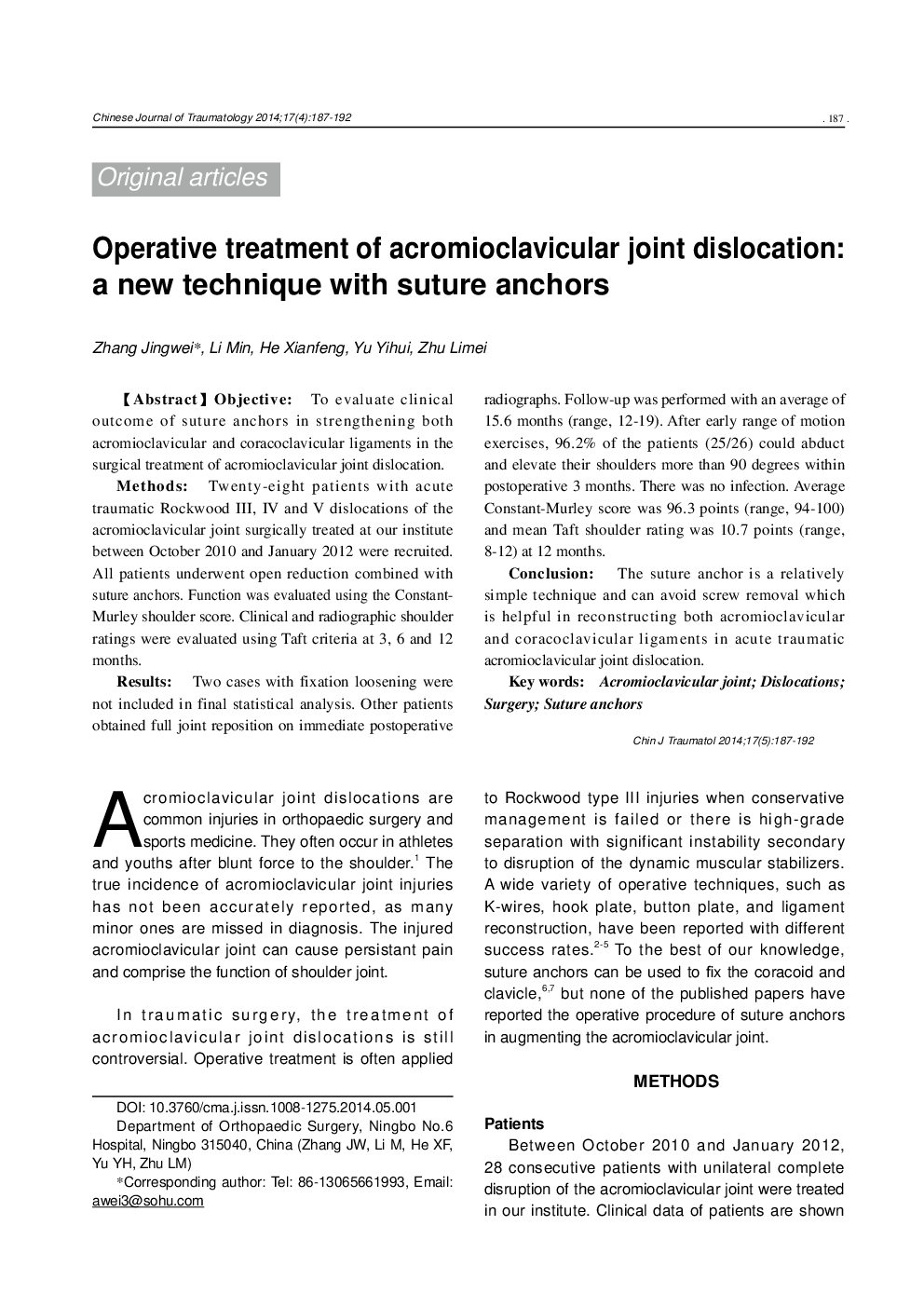 Operative treatment of acromioclavicular joint dislocation: a new technique with suture anchors