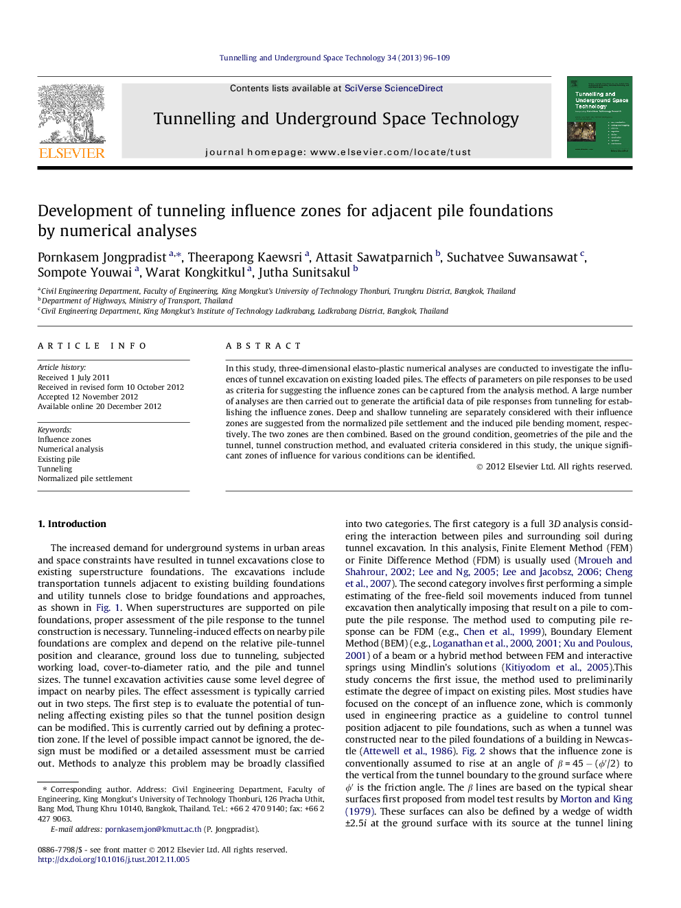 Development of tunneling influence zones for adjacent pile foundations by numerical analyses