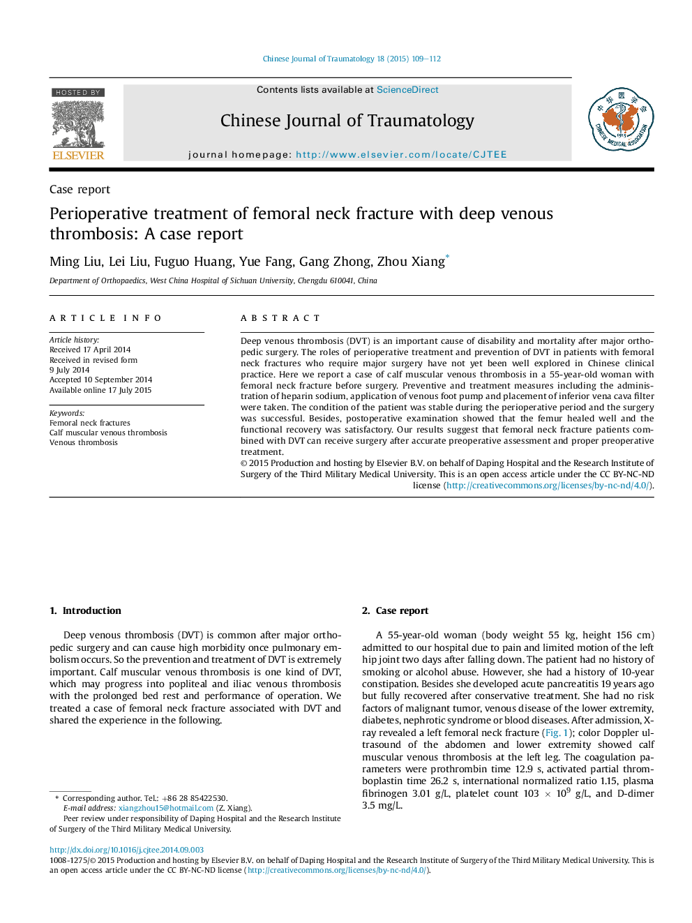 Perioperative treatment of femoral neck fracture with deep venous thrombosis: A case report 