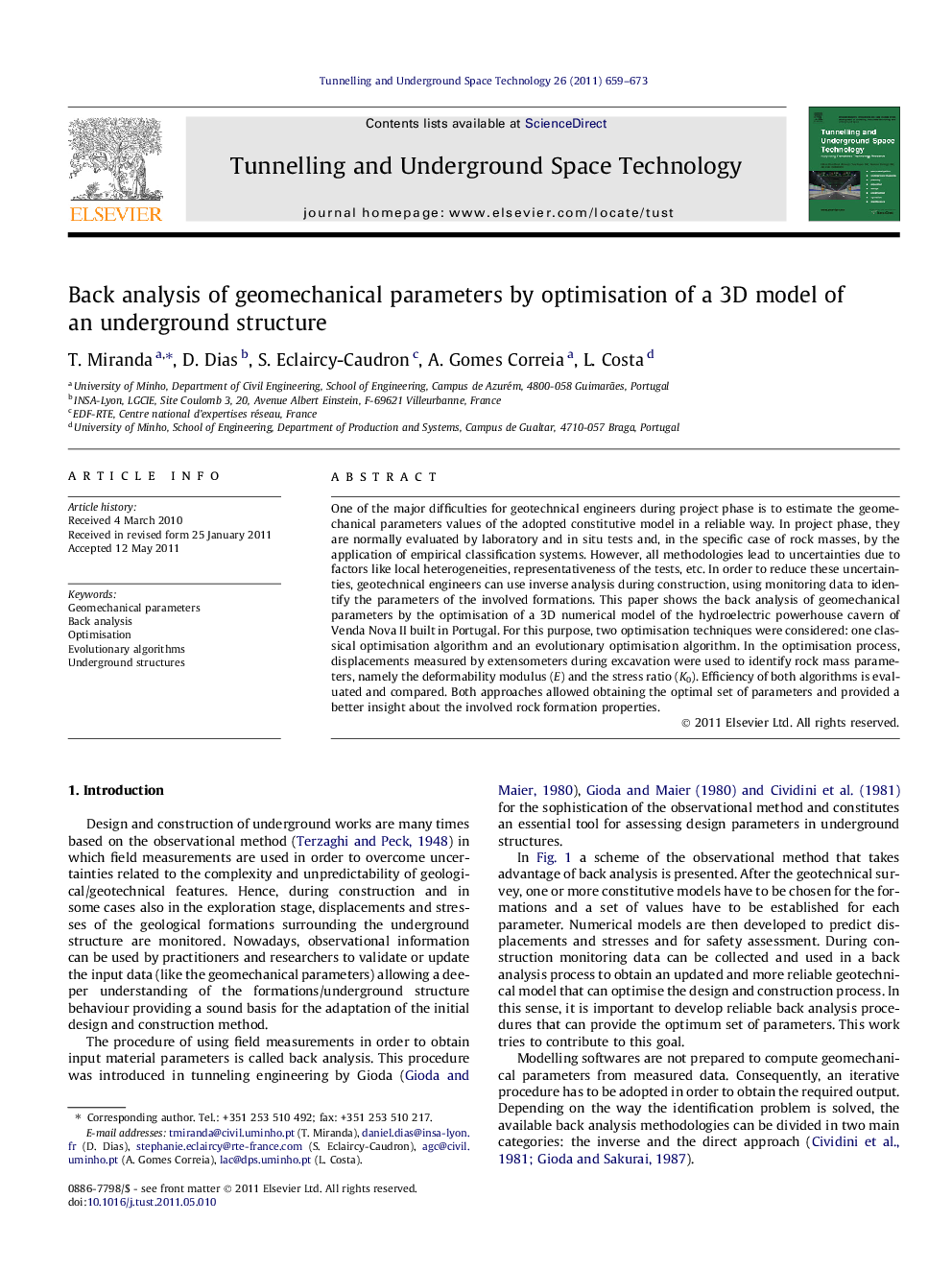 Back analysis of geomechanical parameters by optimisation of a 3D model of an underground structure