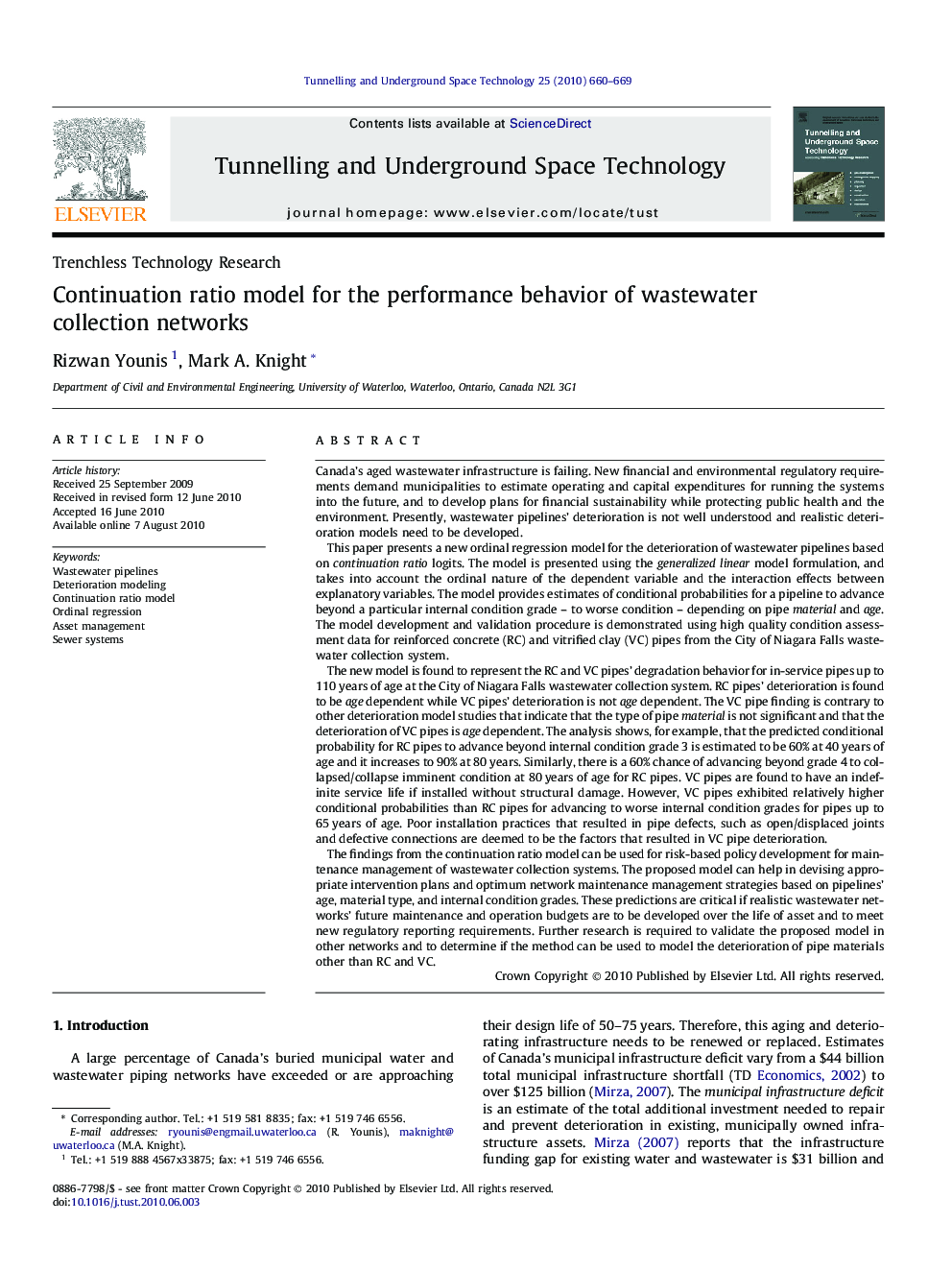 Continuation ratio model for the performance behavior of wastewater collection networks