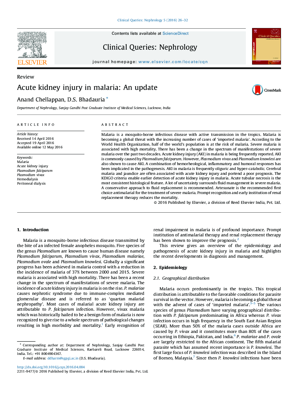 Acute kidney injury in malaria: An update