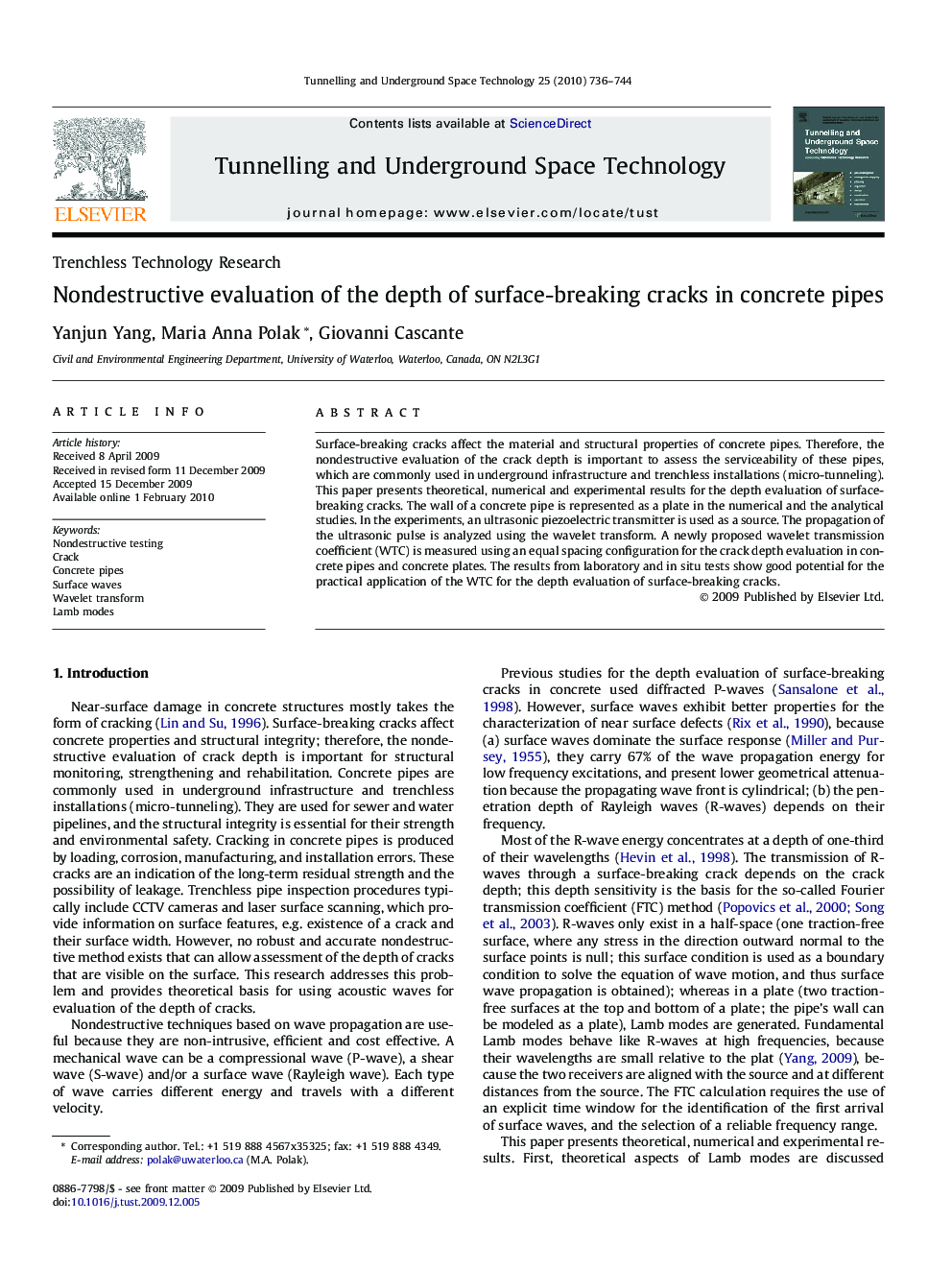 Nondestructive evaluation of the depth of surface-breaking cracks in concrete pipes