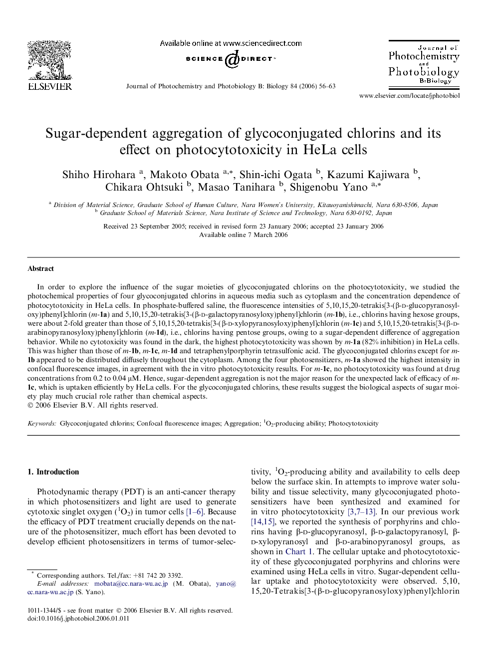 Sugar-dependent aggregation of glycoconjugated chlorins and its effect on photocytotoxicity in HeLa cells