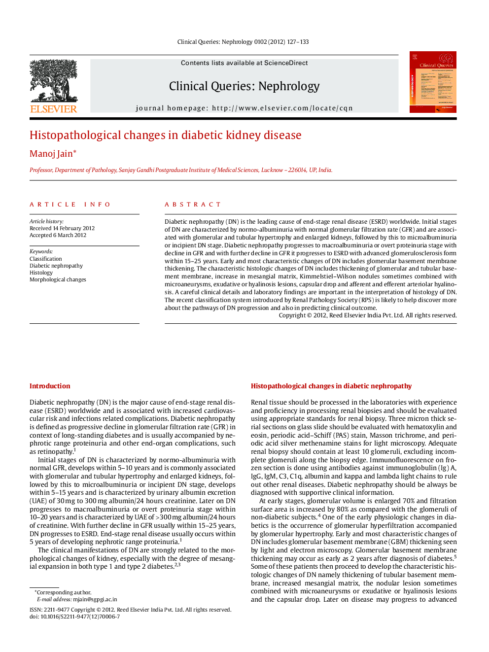 Histopathological changes in diabetic kidney disease