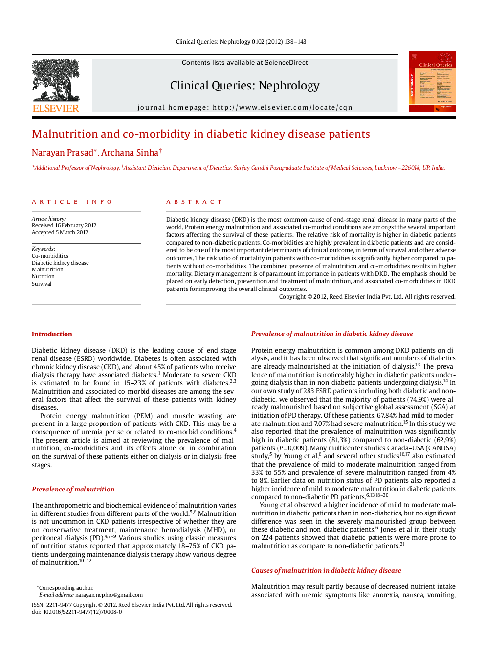 Malnutrition and co-morbidity in diabetic kidney disease patients