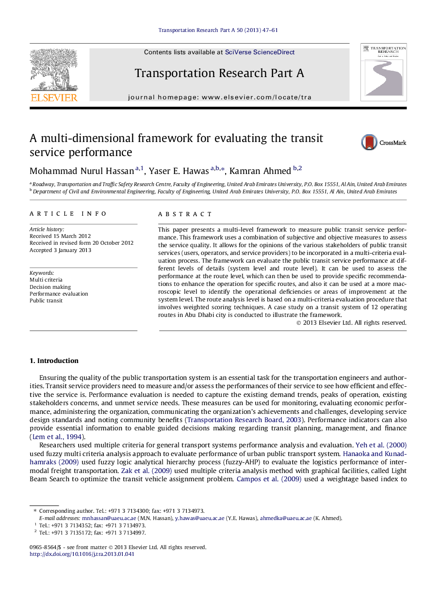 A multi-dimensional framework for evaluating the transit service performance