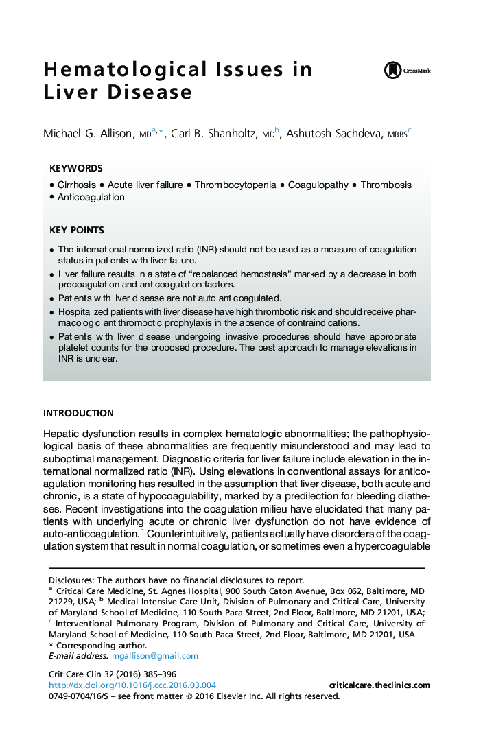 Hematological Issues in Liver Disease