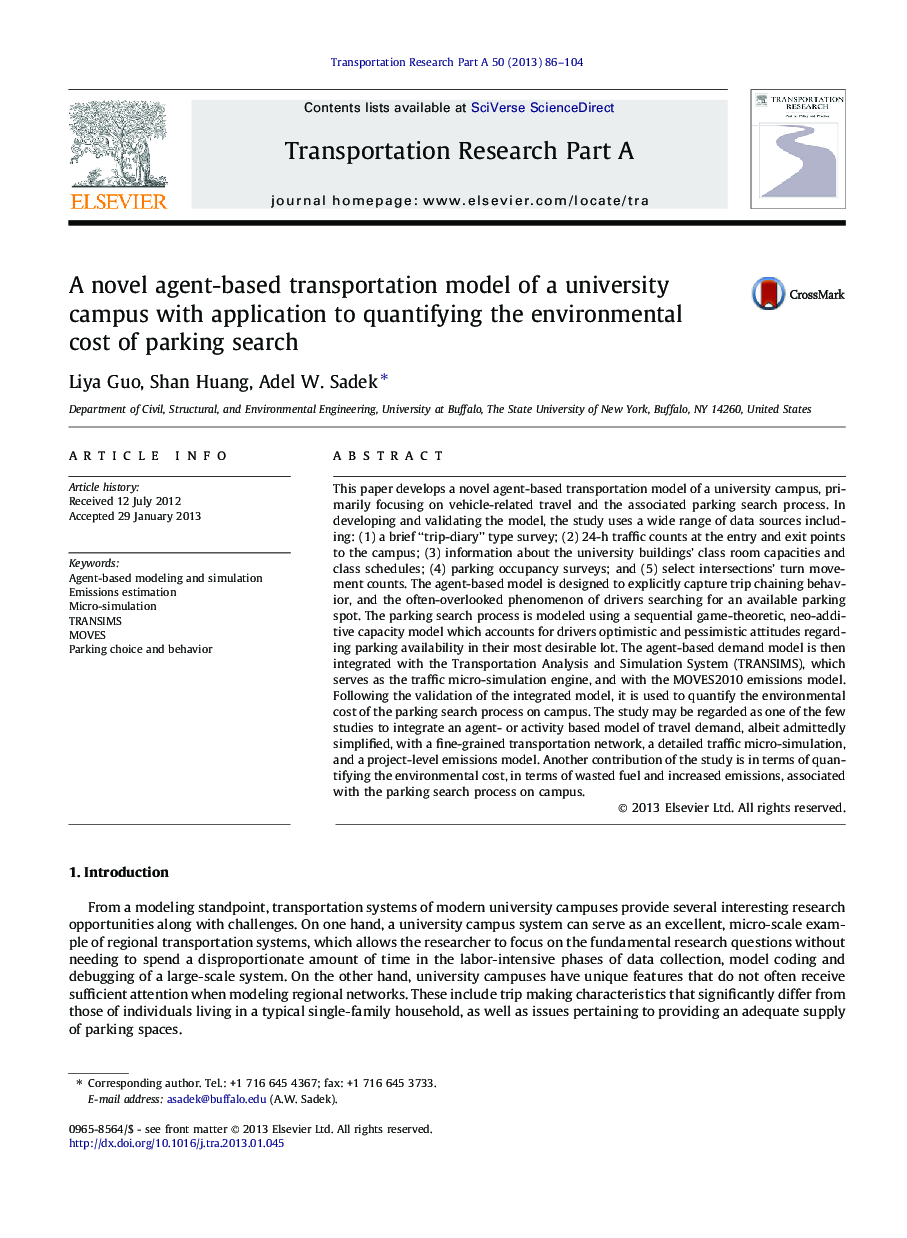 A novel agent-based transportation model of a university campus with application to quantifying the environmental cost of parking search