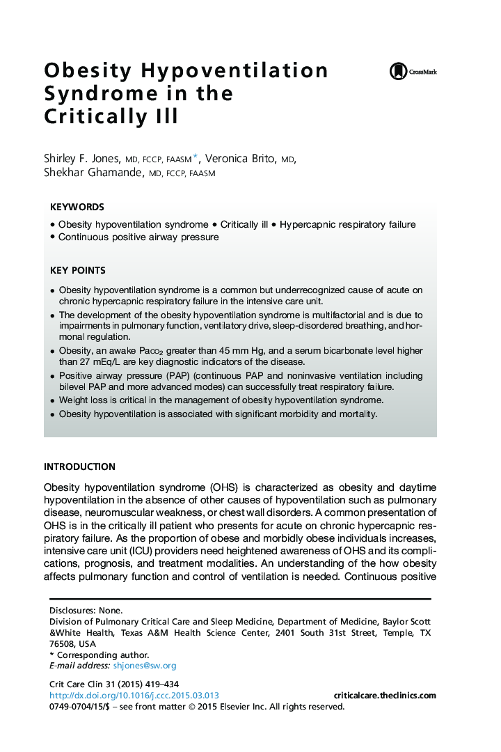 Obesity Hypoventilation Syndrome in the Critically Ill