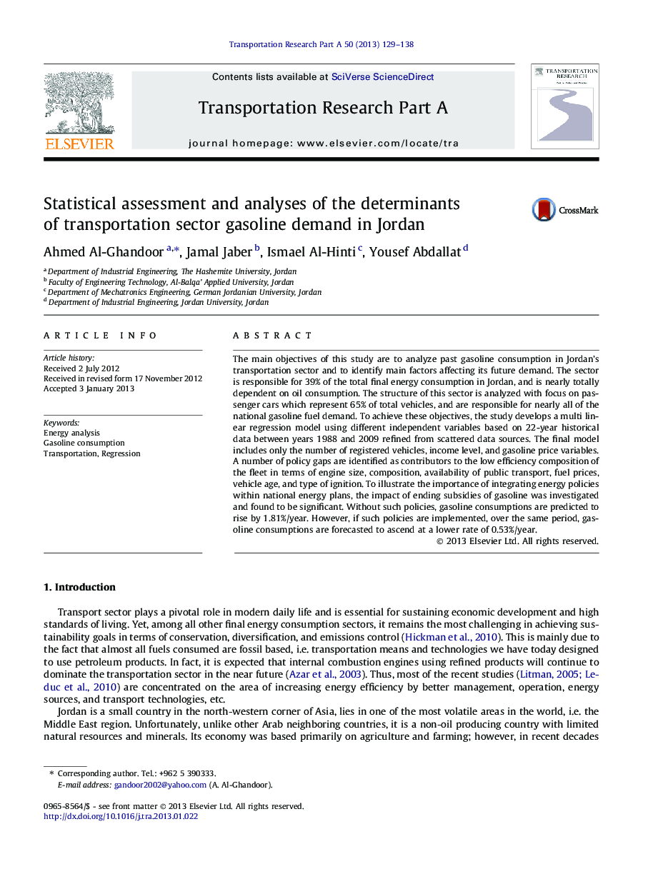 Statistical assessment and analyses of the determinants of transportation sector gasoline demand in Jordan