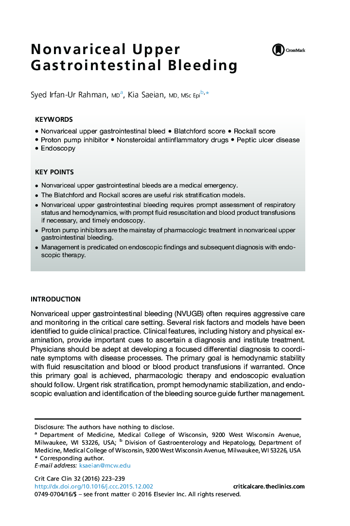 Nonvariceal Upper Gastrointestinal Bleeding