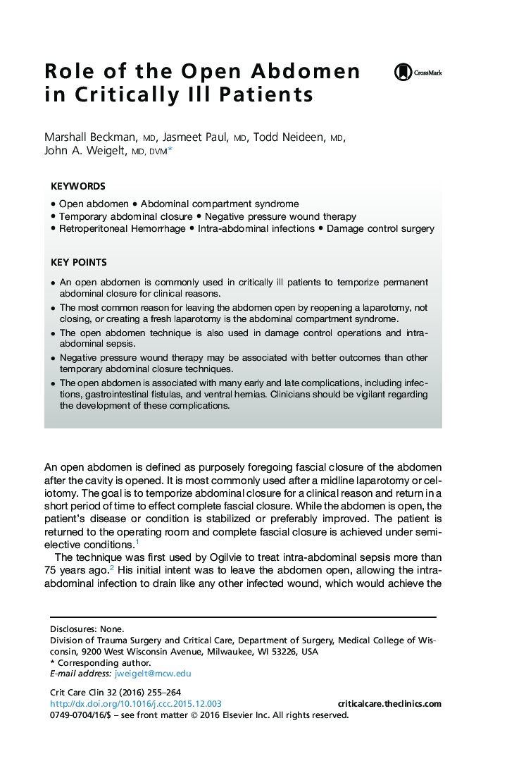 Role of the Open Abdomen in Critically Ill Patients