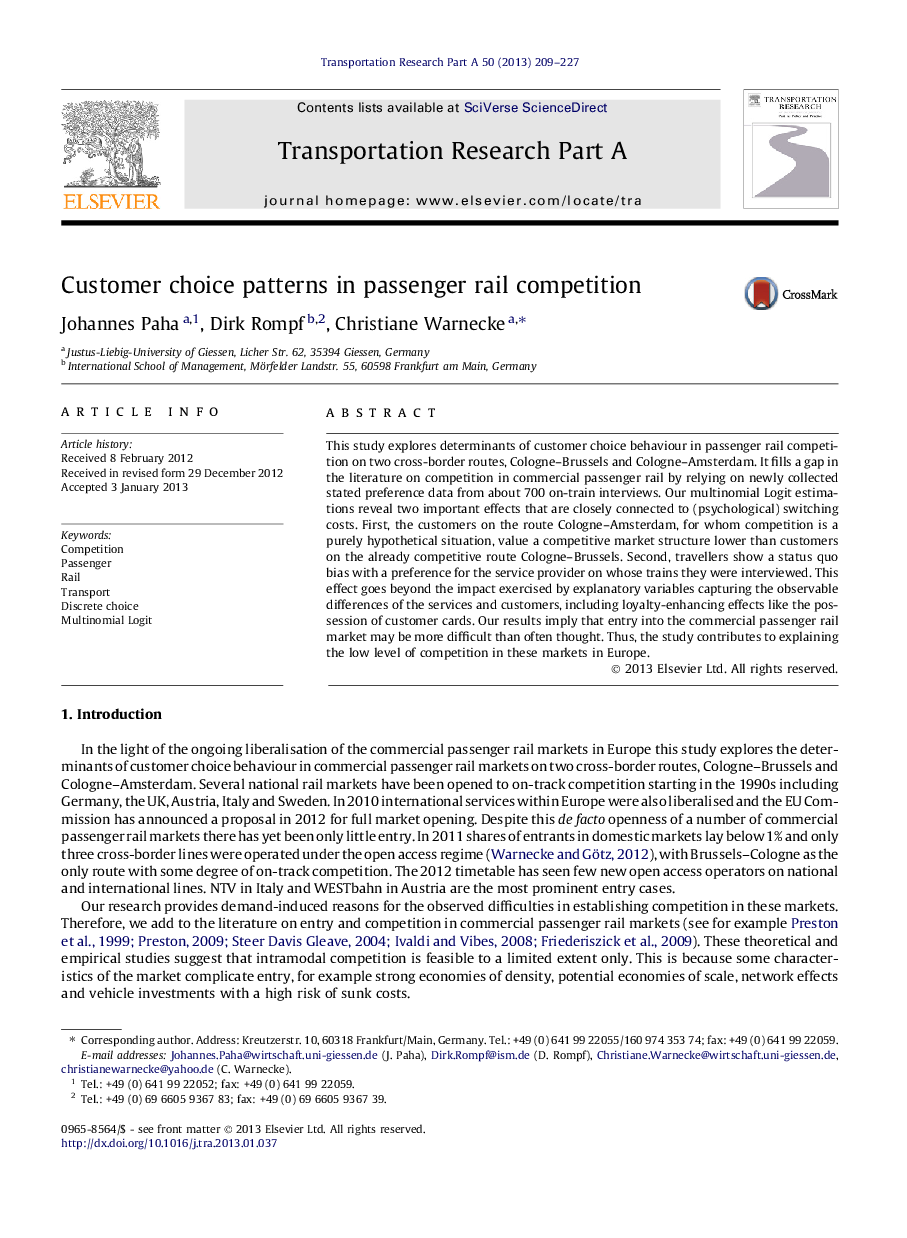 Customer choice patterns in passenger rail competition