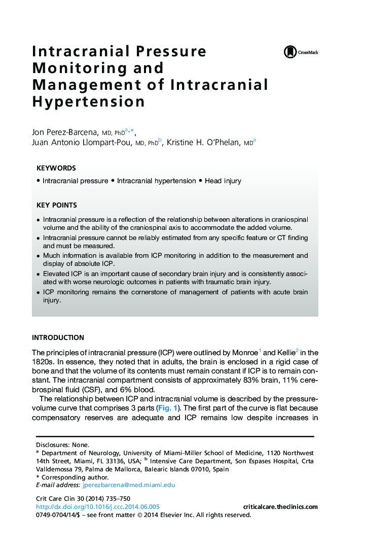 Intracranial Pressure Monitoring and Management of Intracranial Hypertension