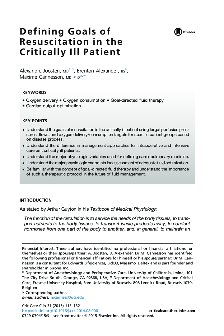 Defining Goals of Resuscitation in the Critically Ill Patient