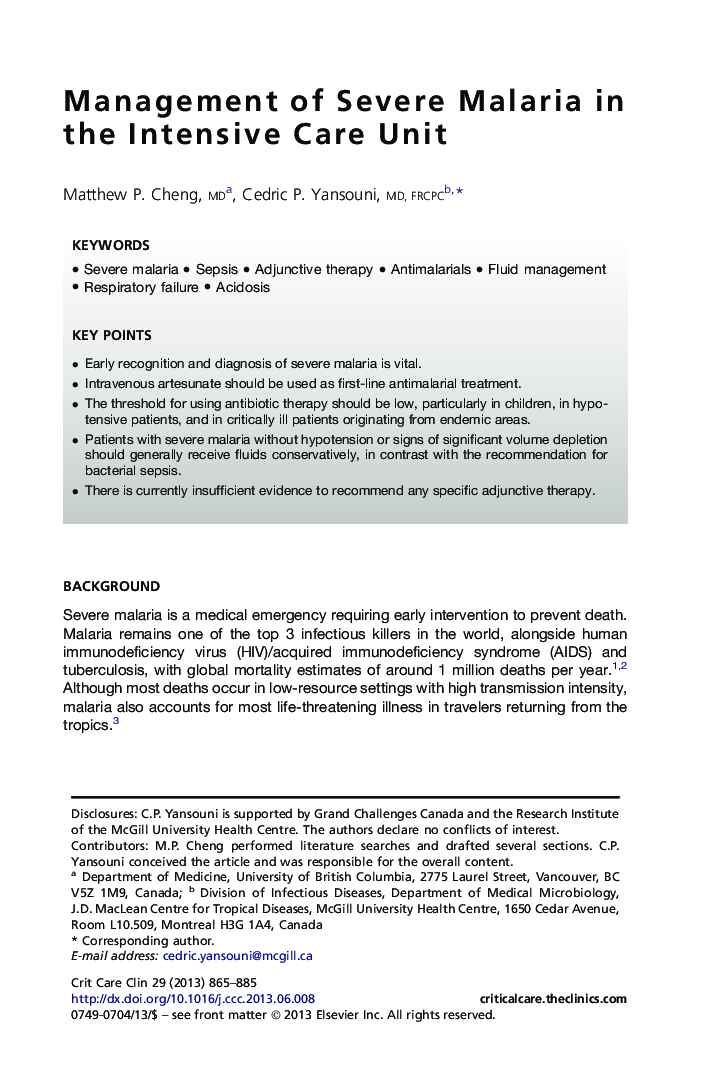 Management of Severe Malaria in the Intensive Care Unit