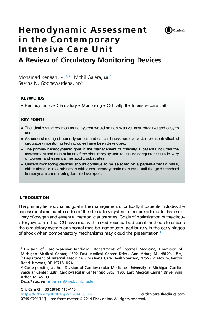 Hemodynamic Assessment in the Contemporary Intensive Care Unit