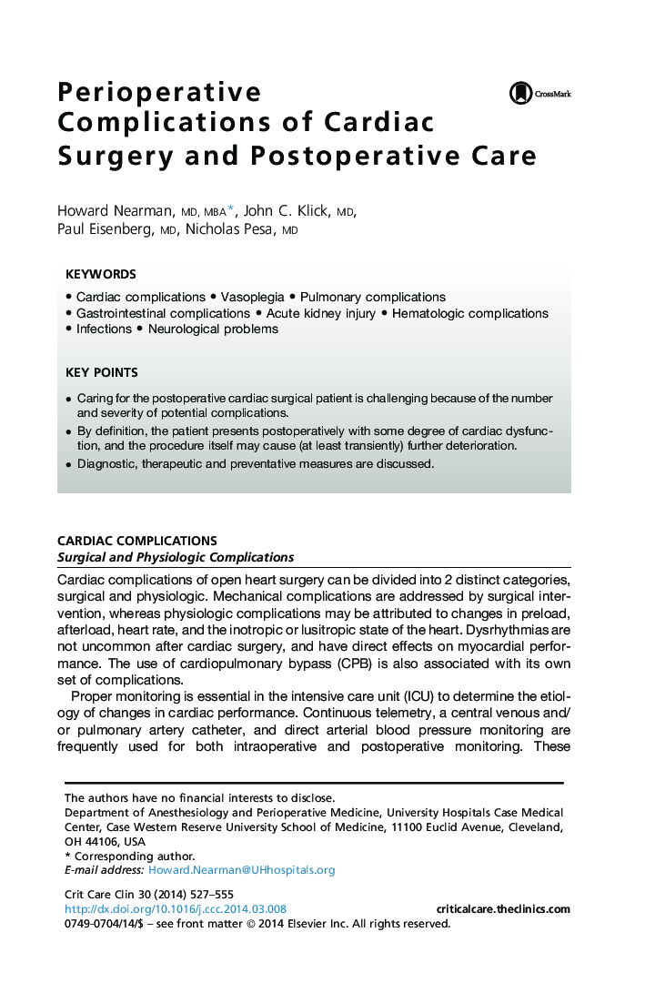 Perioperative Complications of Cardiac Surgery and Postoperative Care