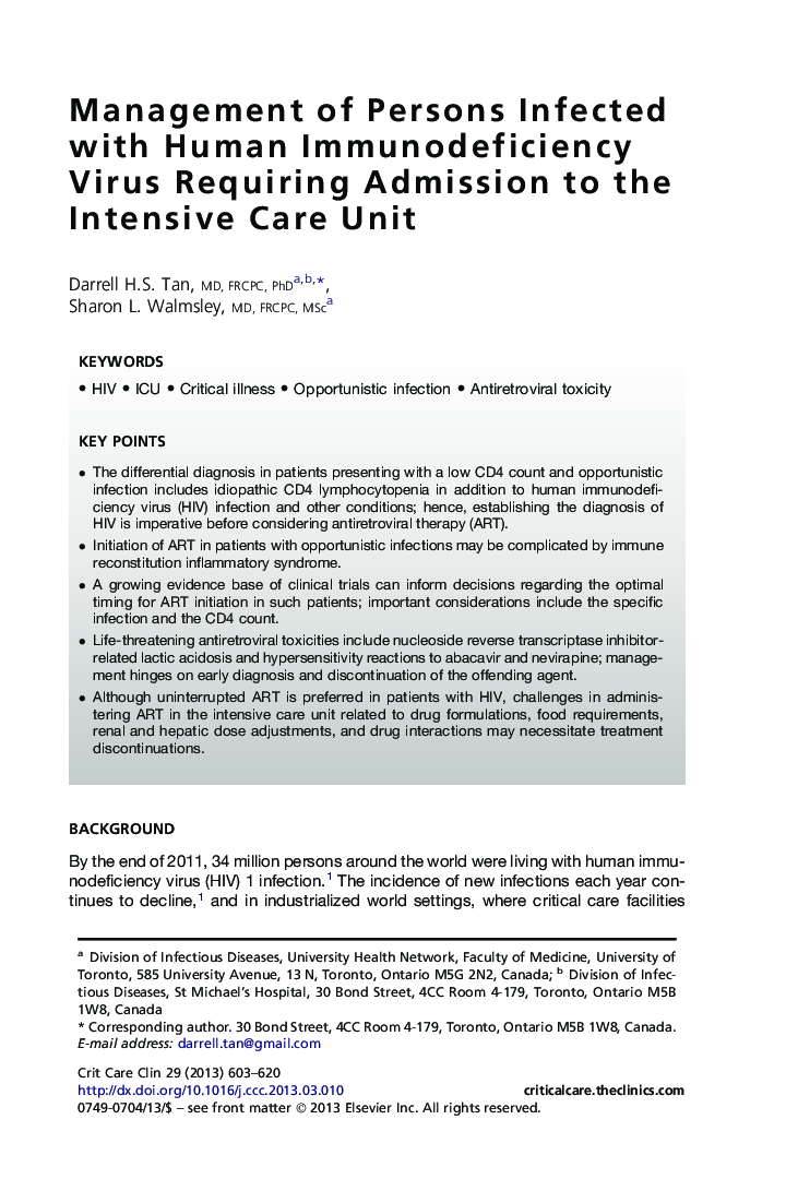 Management of Persons Infected with Human Immunodeficiency Virus Requiring Admission to the Intensive Care Unit