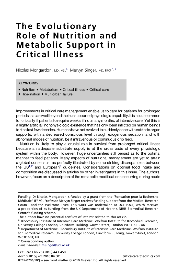 The Evolutionary Role of Nutrition and Metabolic Support in Critical Illness