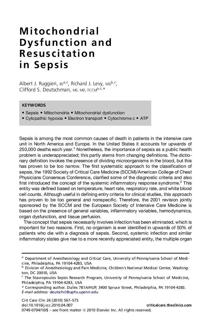 Mitochondrial Dysfunction and Resuscitation in Sepsis
