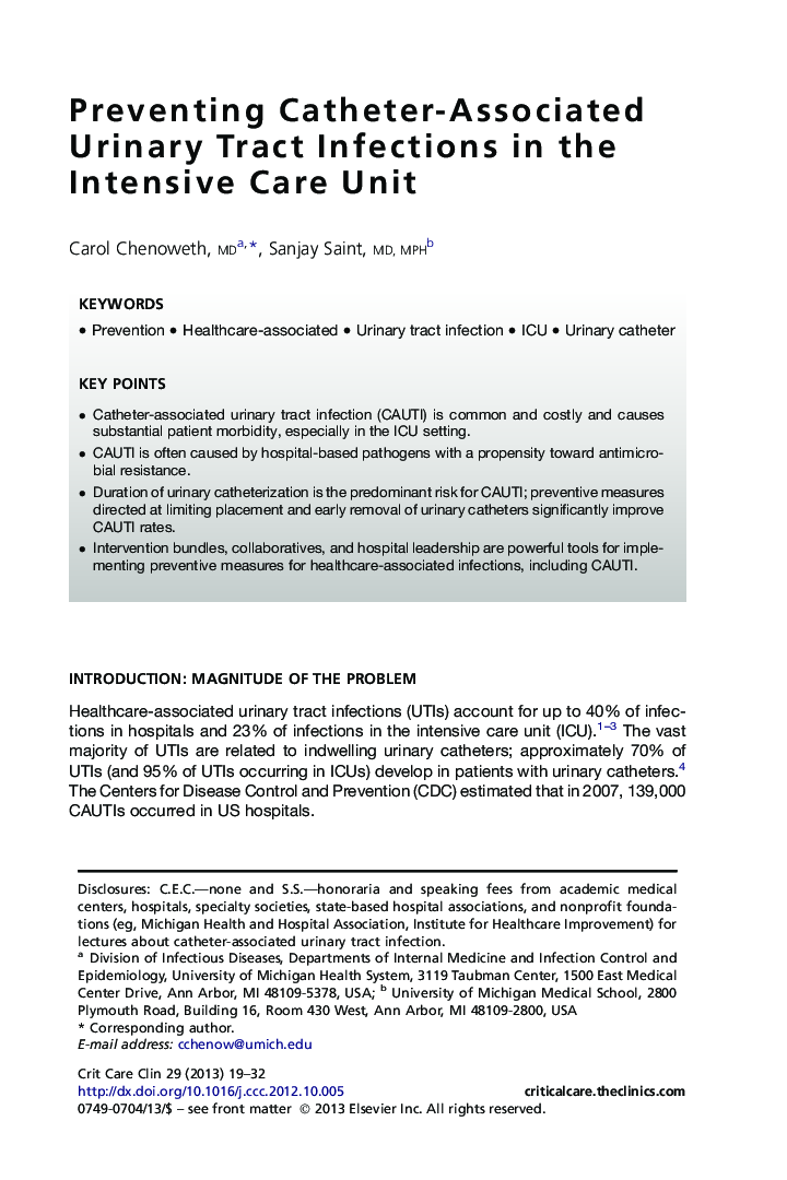 Preventing Catheter-Associated Urinary Tract Infections in the Intensive Care Unit