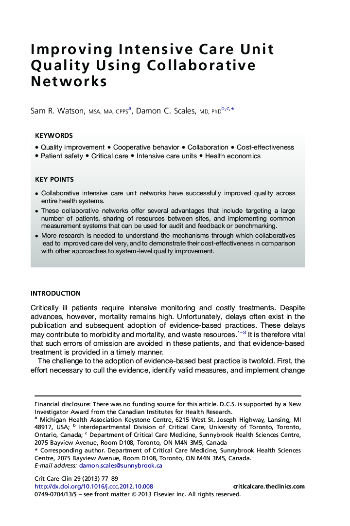 Improving Intensive Care Unit Quality Using Collaborative Networks