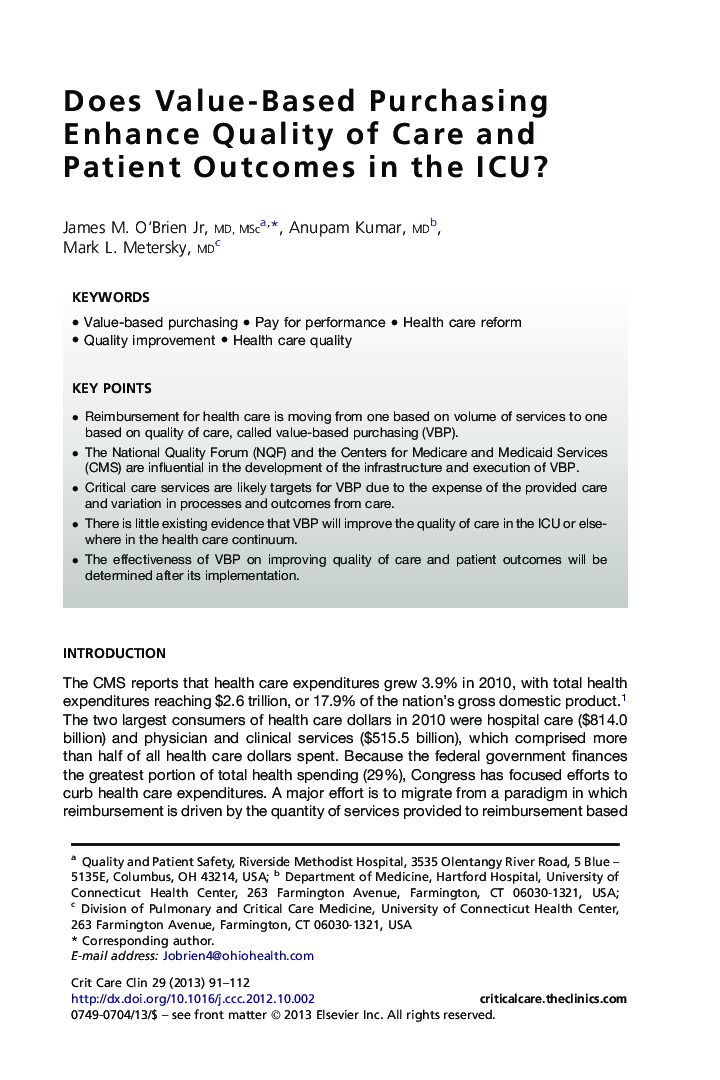 Does Value-Based Purchasing Enhance Quality of Care and Patient Outcomes in the ICU?