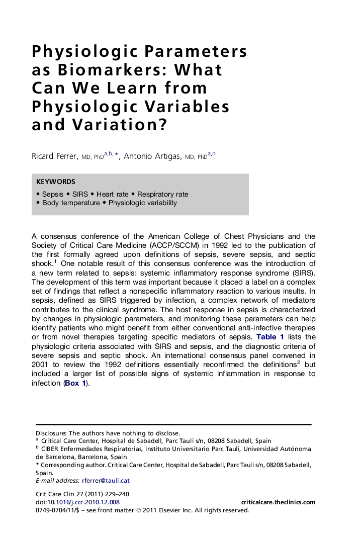 Physiologic Parameters as Biomarkers: What Can We Learn from Physiologic Variables and Variation?