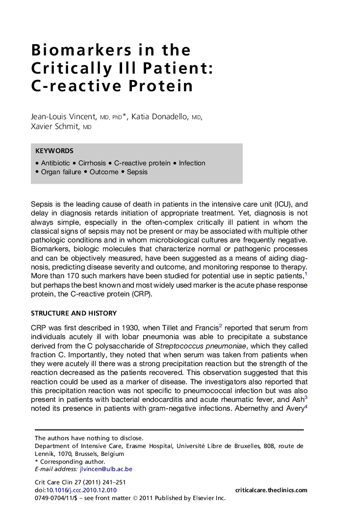 Biomarkers in the Critically Ill Patient: C-reactive Protein