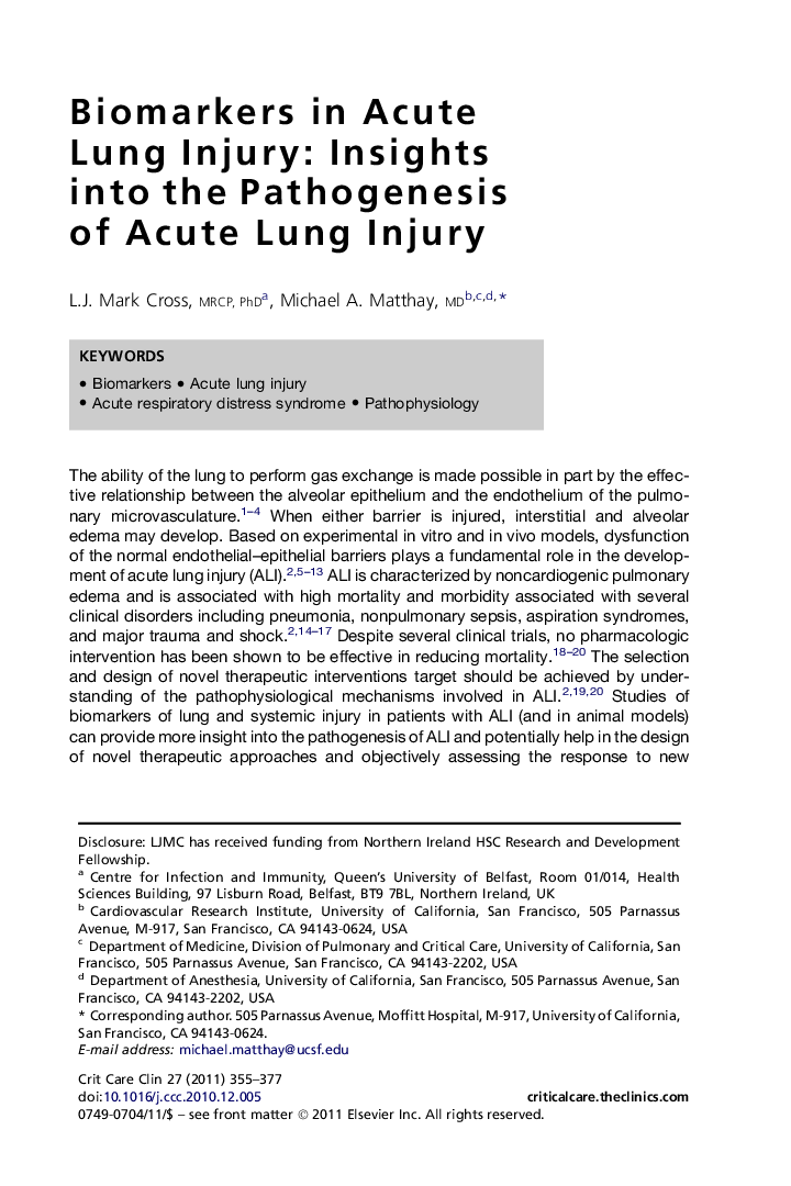 Biomarkers in Acute Lung Injury: Insights into the Pathogenesis of Acute Lung Injury